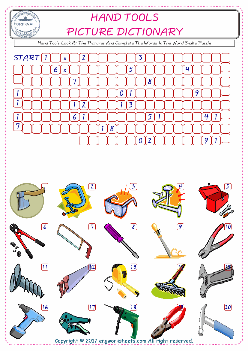  Check the Illustrations of Hand Tools english worksheets for kids, and Supply the Missing Words in the Word Snake Puzzle ESL play. 